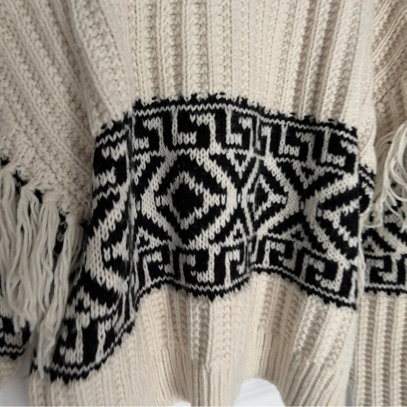 H&M White Black Wool Mix Fringe Trimmed Jacquard  Knit Jumper size L - Picture 7 of 7